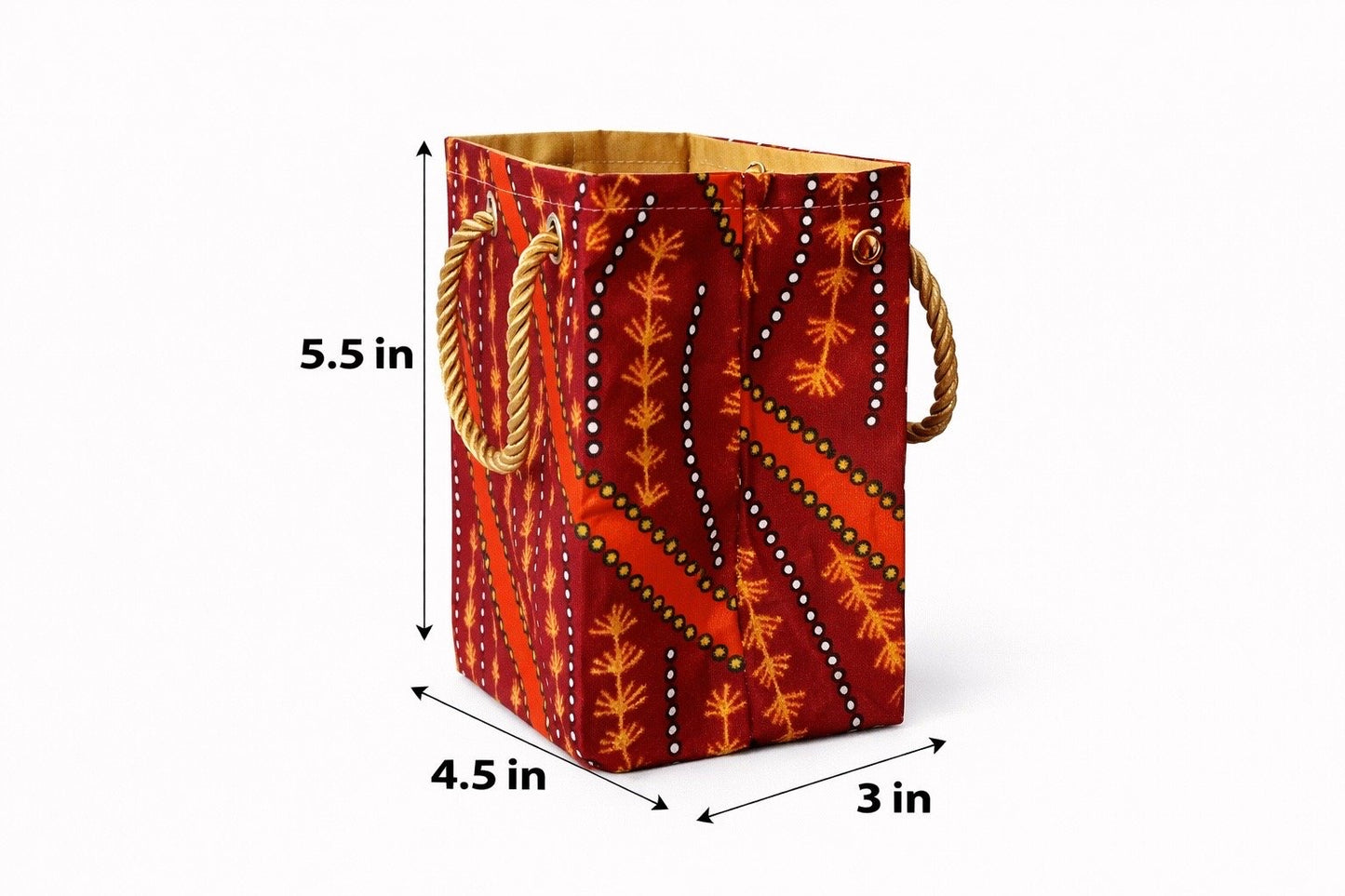 Maroon, orange, black, & white mini gift bag with abstract design 5.5H in x 4.5W in x 3D in dimensions shown on a white background