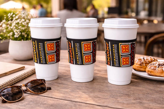 Handmade African fabric cup sleeve lifestyle shot