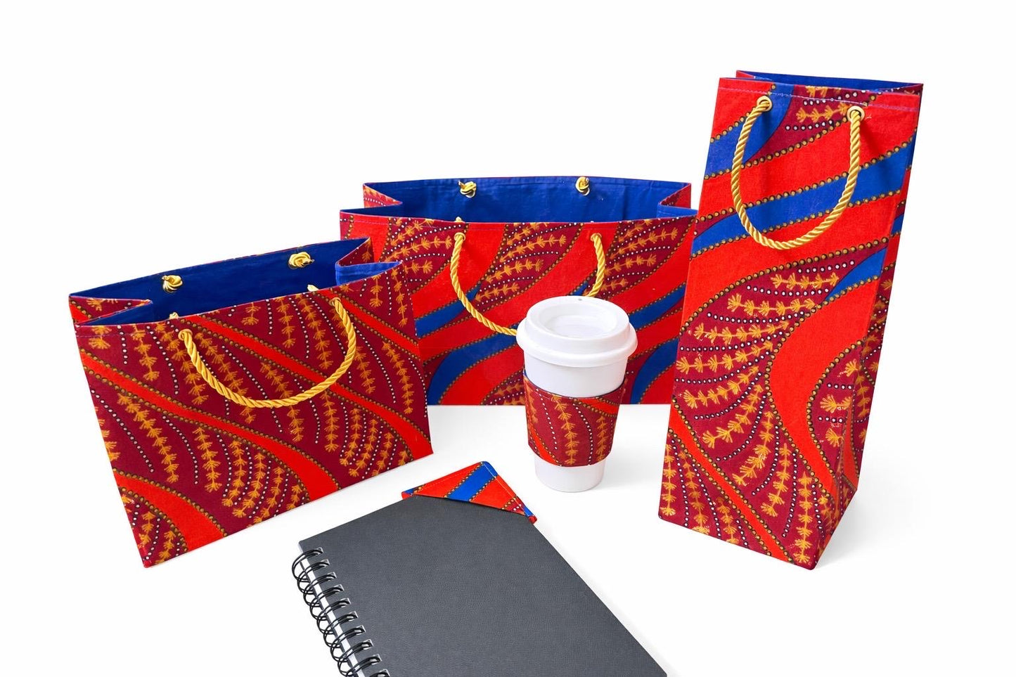 Maroon, orange, blue, black, white, & gold on a white background