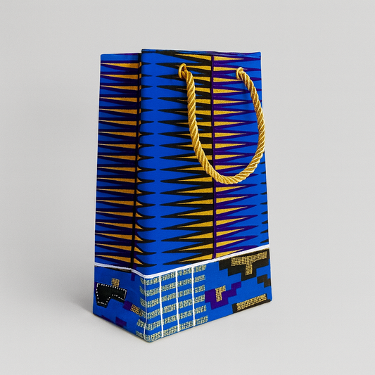 Ethnic, Fabric, Patterned, Handmade Blue, White, Black, & Gold Extra Small Bag