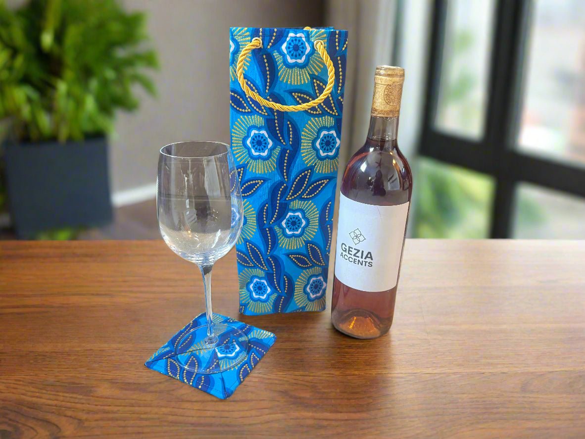 Ethnic, Fabric, Patterned, Handmade Dark Blue, Light Blue, Blue, White and Gold Coasters - Gezia Accents