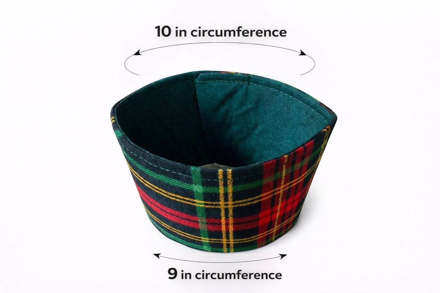 Black, green, red, & gold patterned fabric cup sleeve dimensions