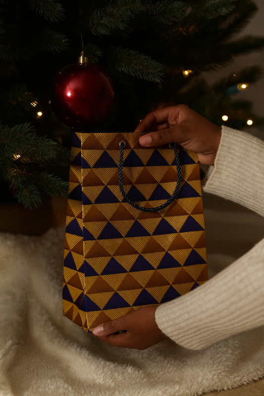 African Wax Print Medium Gift Bag - Gold, Blue & Brown Reusable | Gezia Accents
