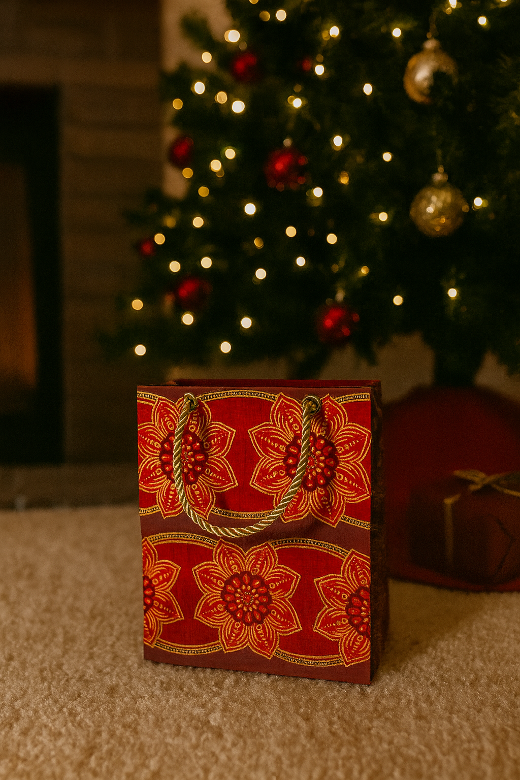 Ethnic, Fabric, Patterned, Handmade Maroon, Red, and Gold Medium Bag