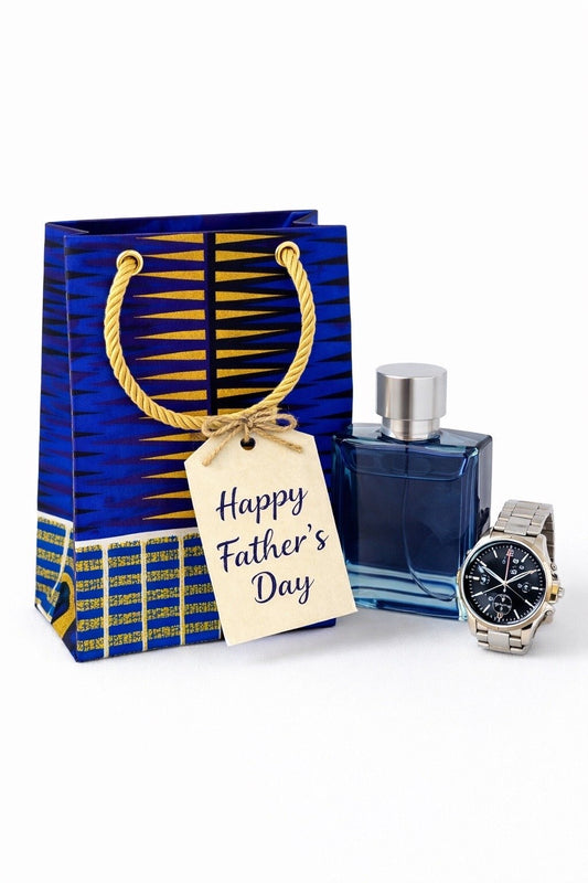 Royal blue, blue, black, white, & gold extra small gift bag with product ideas to gift on the side on a white background
