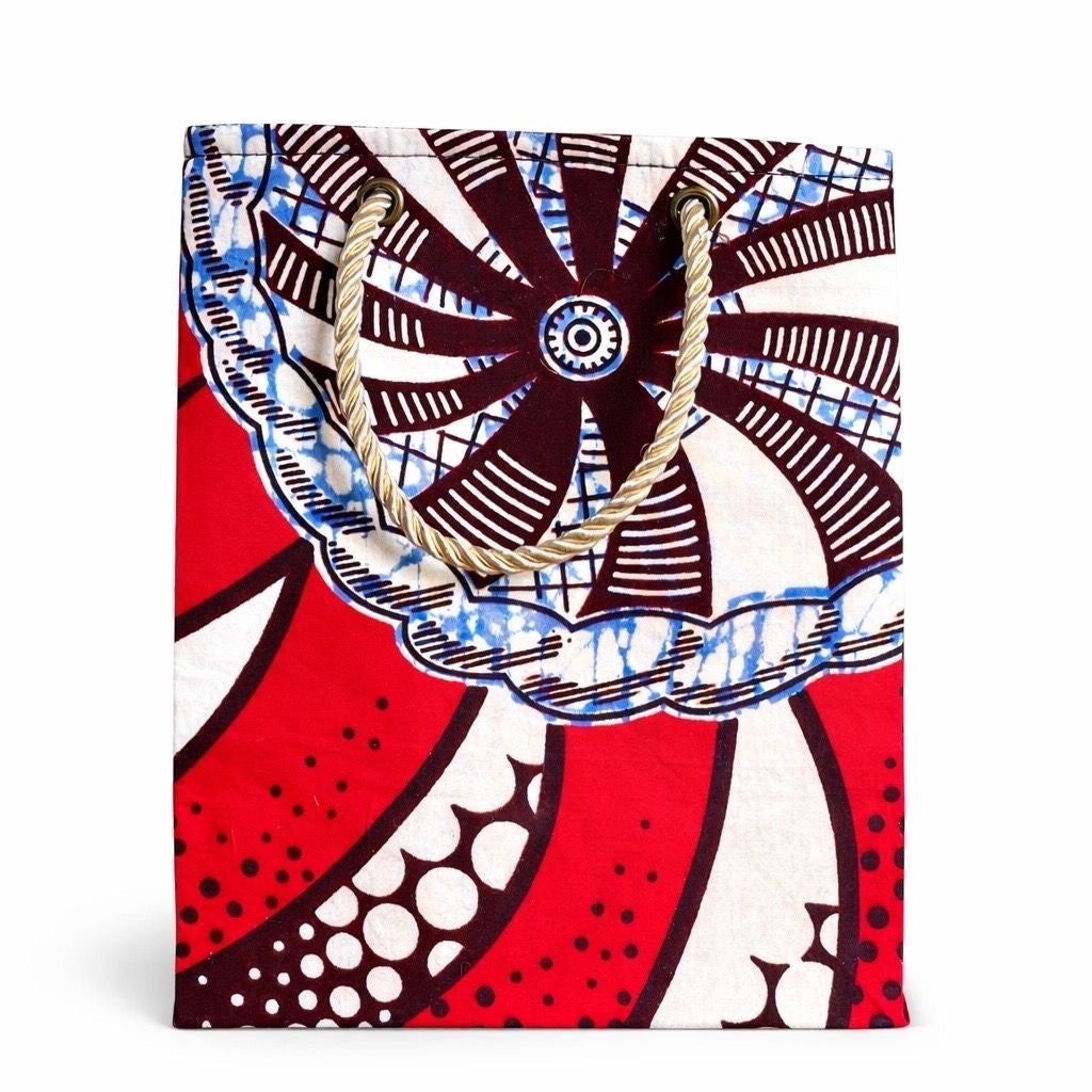 African Wax Print Extra Small Gift Bag - Red Dark Brown Cream Blue | Reusable Fabric Gift Wrap | Gezia Accents
