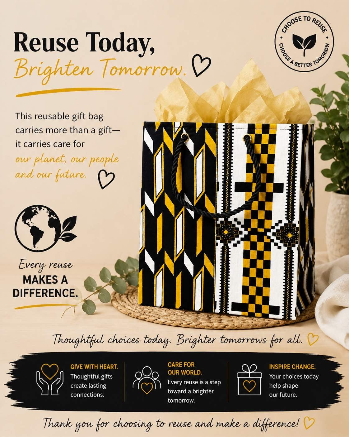 African Wax Print Extra Small Gift Bag - White Black Gold | Reusable Fabric Gift Wrap | Gezia Accents | Mini to Medium