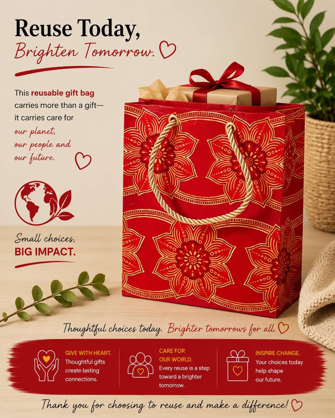 African Wax Print Mini, Extra Small, Small, Medium Gift Bag - Red Maroon Gold | Reusable Fabric Gift Wrap | Gezia Accents