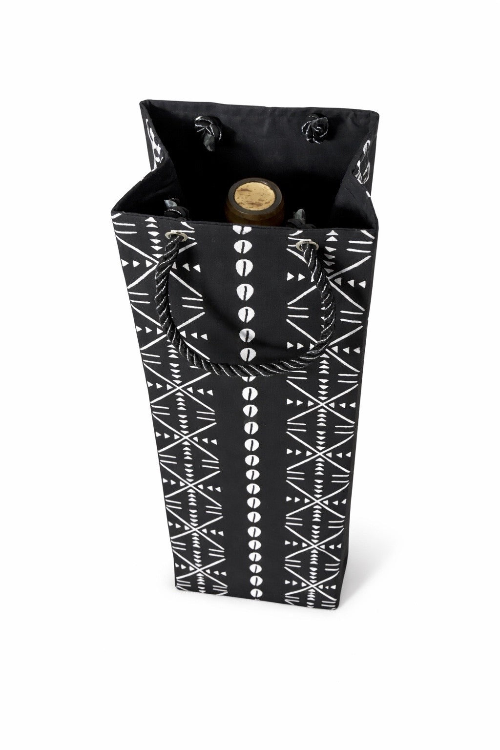 African wax print black and white patterned wine bottle gift bag on a white background