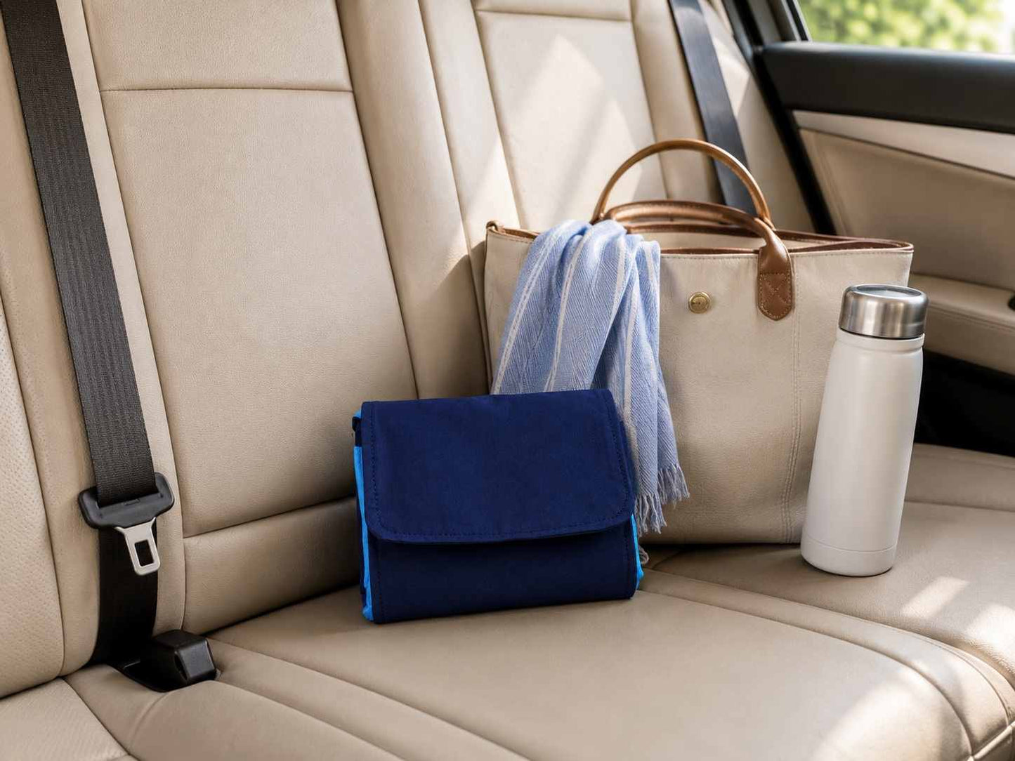 Blue and white foldable market bag in pouch position, beige handbag, and white tumbler on a car seat