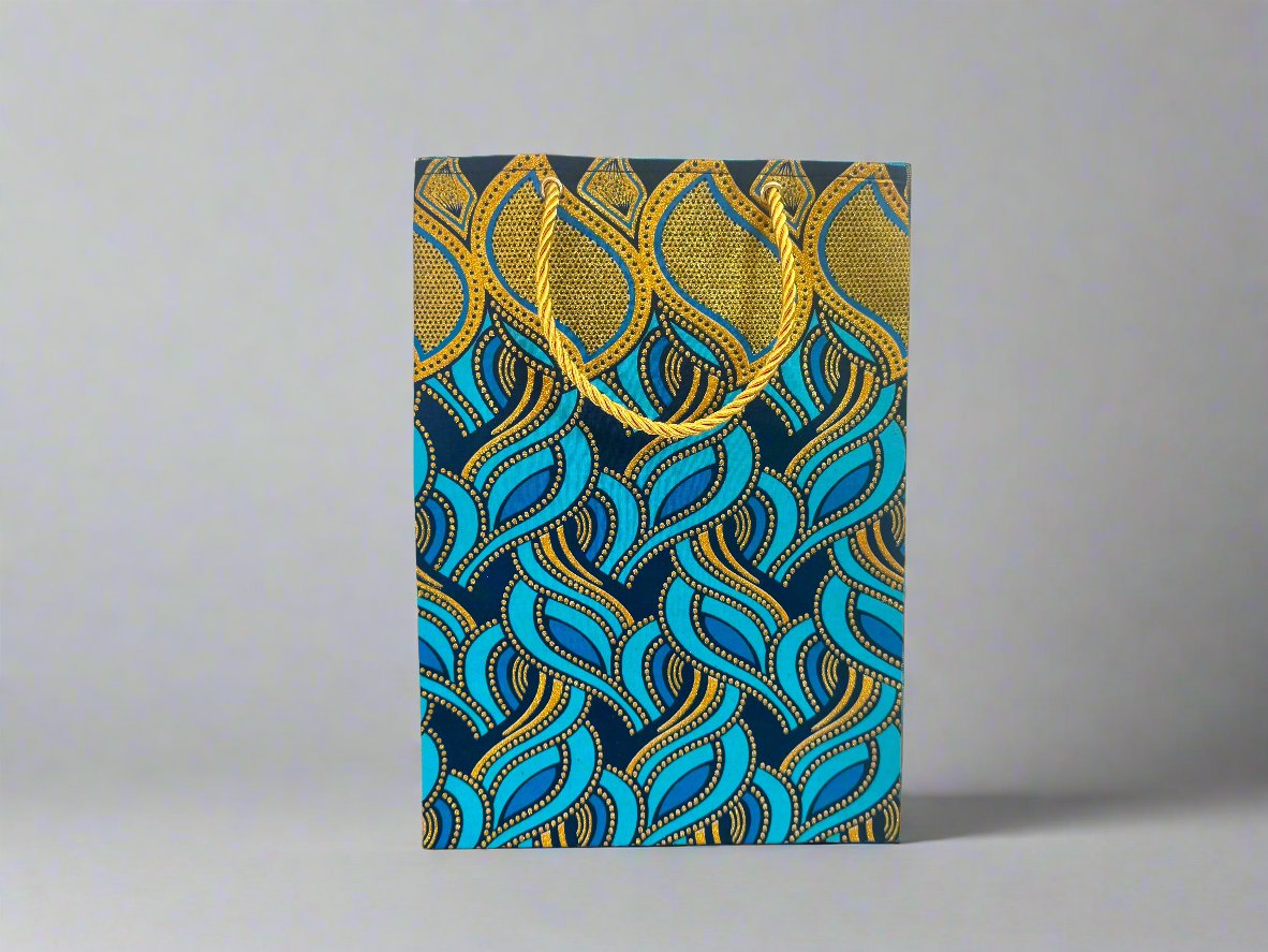 Ethnic, Fabric, Patterned, Handmade Turqoise, Dark Blue and Gold Medium Bag