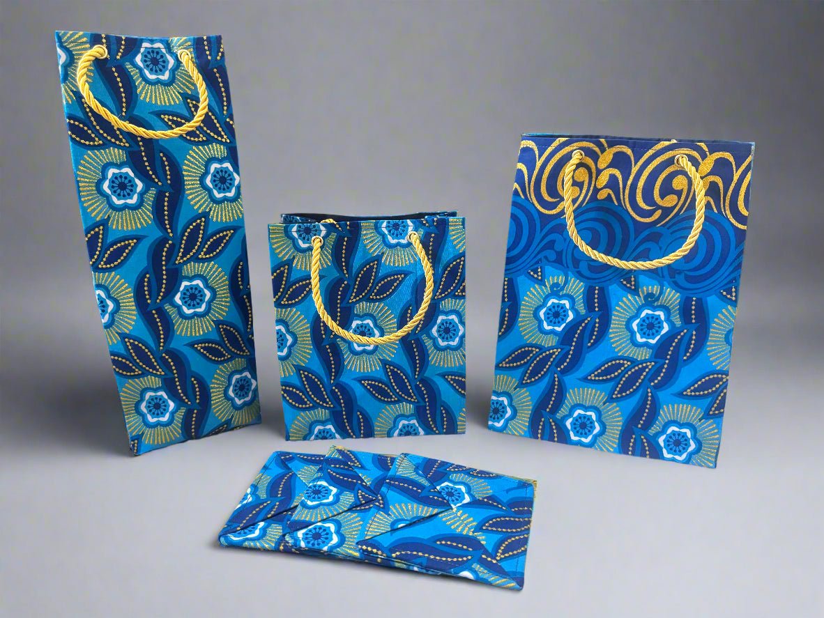 Ethnic, Fabric, Patterned, Handmade Dark Blue, Light Blue, Blue, Gold and White Extra Small Bag (Copy) - Gezia Accents