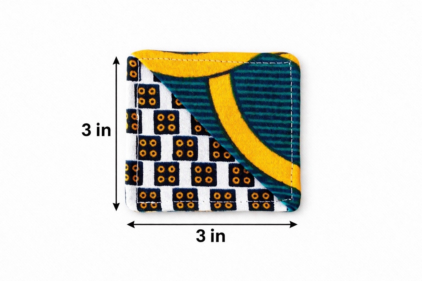 Cream, green, blue, and orange corner bookmark with abstract design 3x3 dimensions shown on a light gray background