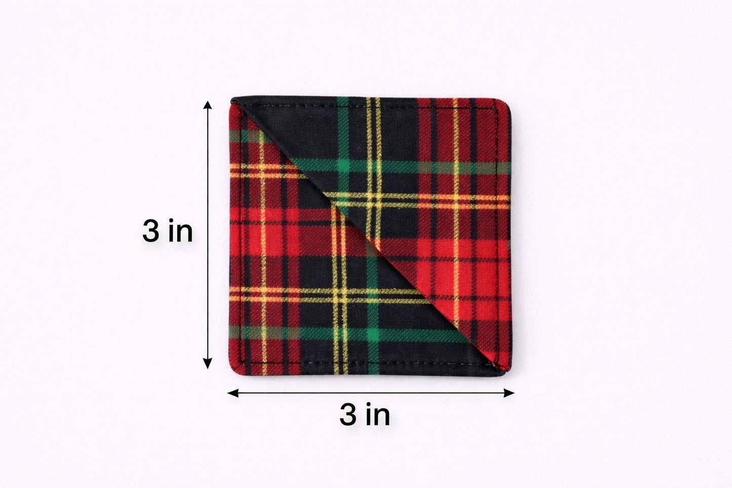 Black, red, green, & gold corner bookmark with abstract design 3x3 dimensions shown on a light gray background