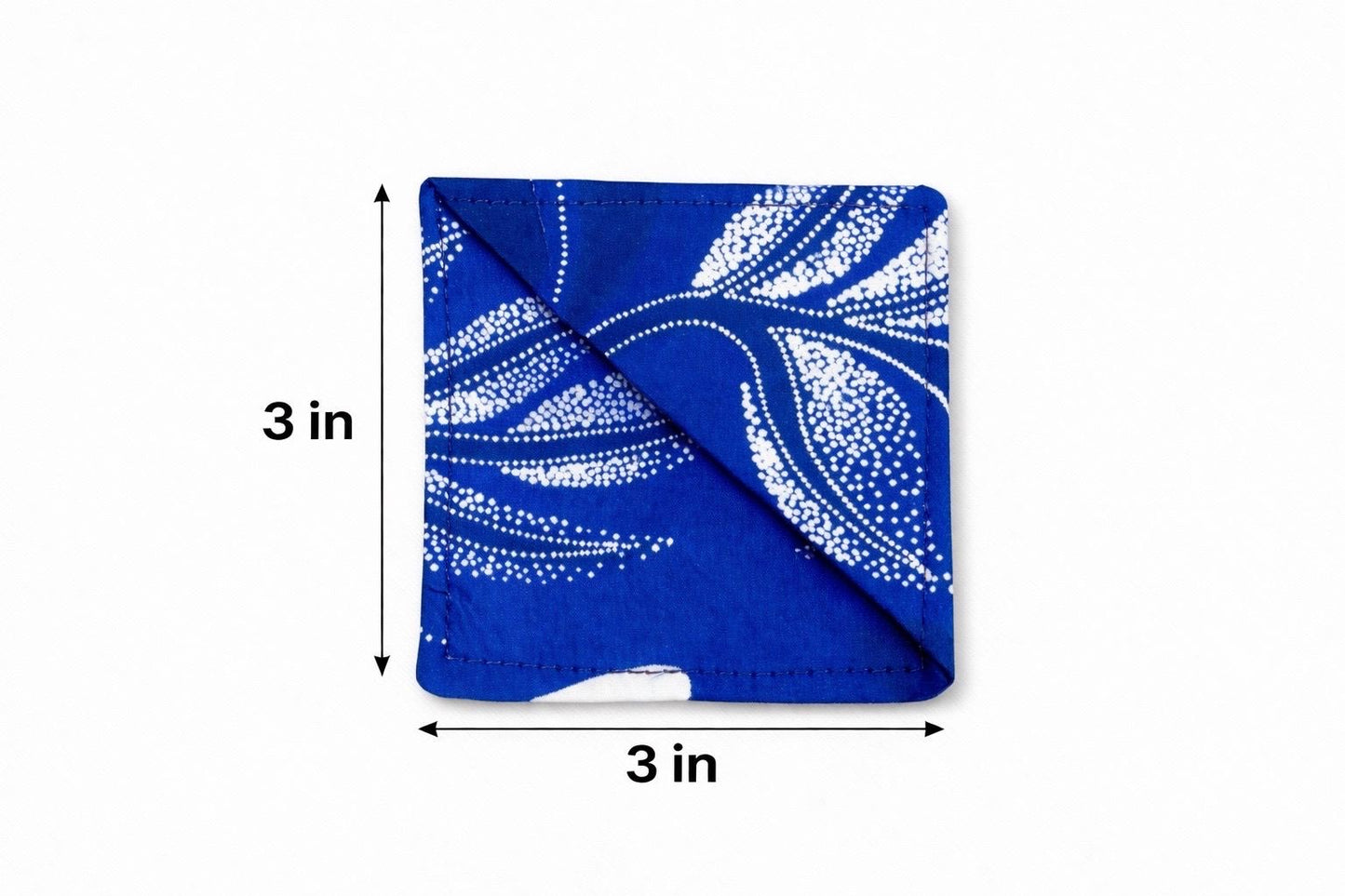 Blue & white colorful corner bookmark with abstract design 3x3 dimensions shown on a light gray background