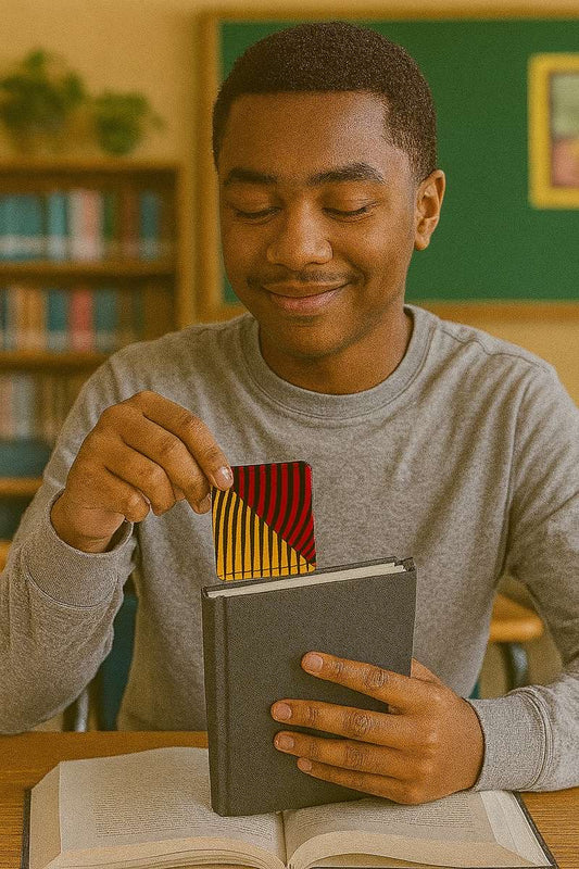 Handmade African fabric bookmark in book lifestyle shot