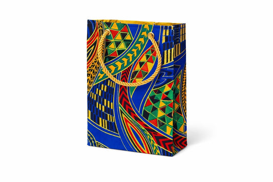 Royal blue, green, red, orange, yellow, black, & gold extra small gift bag on white background