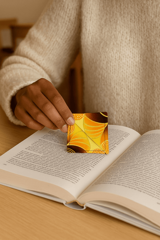 ๐ African Wax Print Bookmark | Yellow, Brown,Orange, & Gold | Handmade Cultural Gift | Book Lover Accessory ๐โจ - Gezia Accents