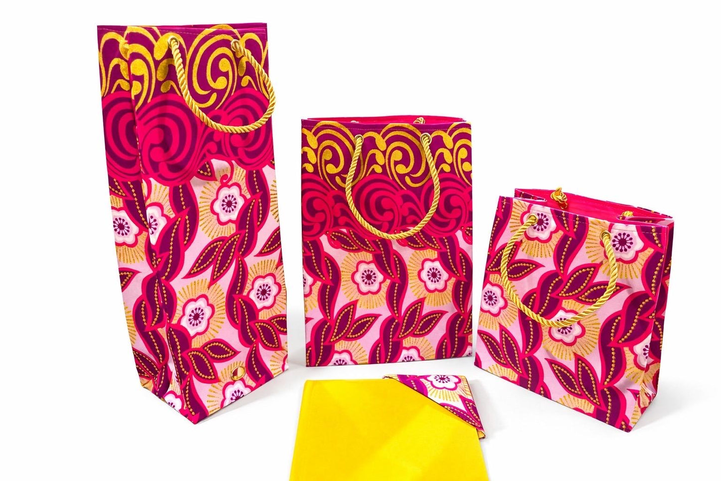 Fuchsia, pink, white, & gold wine bag, extra small and small bag, & bookmark