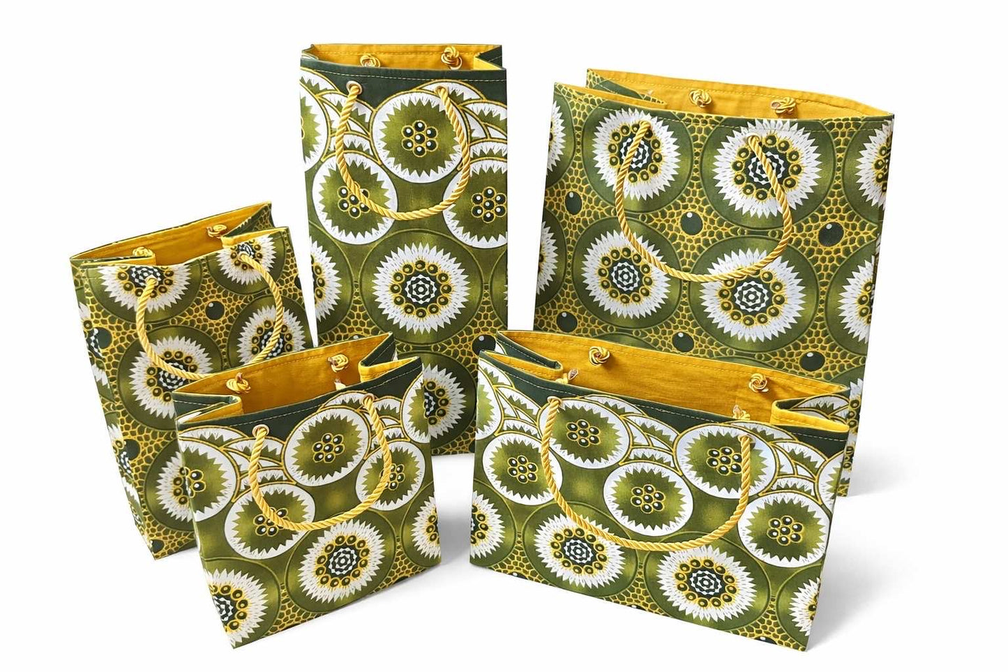 Olive green, dark green, white, & green medium, small, & extra small square bag, wine bag, & small horizontal gift bag on a white background