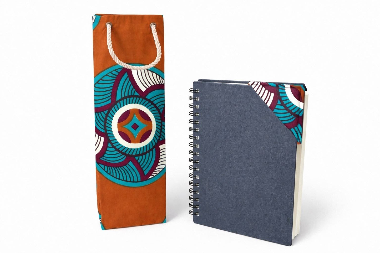 Brown, maroon, turquoise, & white wine bag & corner bookmark on a book and white background