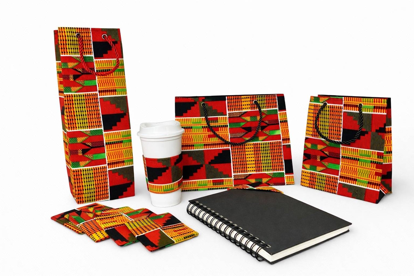 Orange, black, red, green, & white small horizontal bag, wine bag, extra small bag, cup sleeve, & corner bookmark on a white background