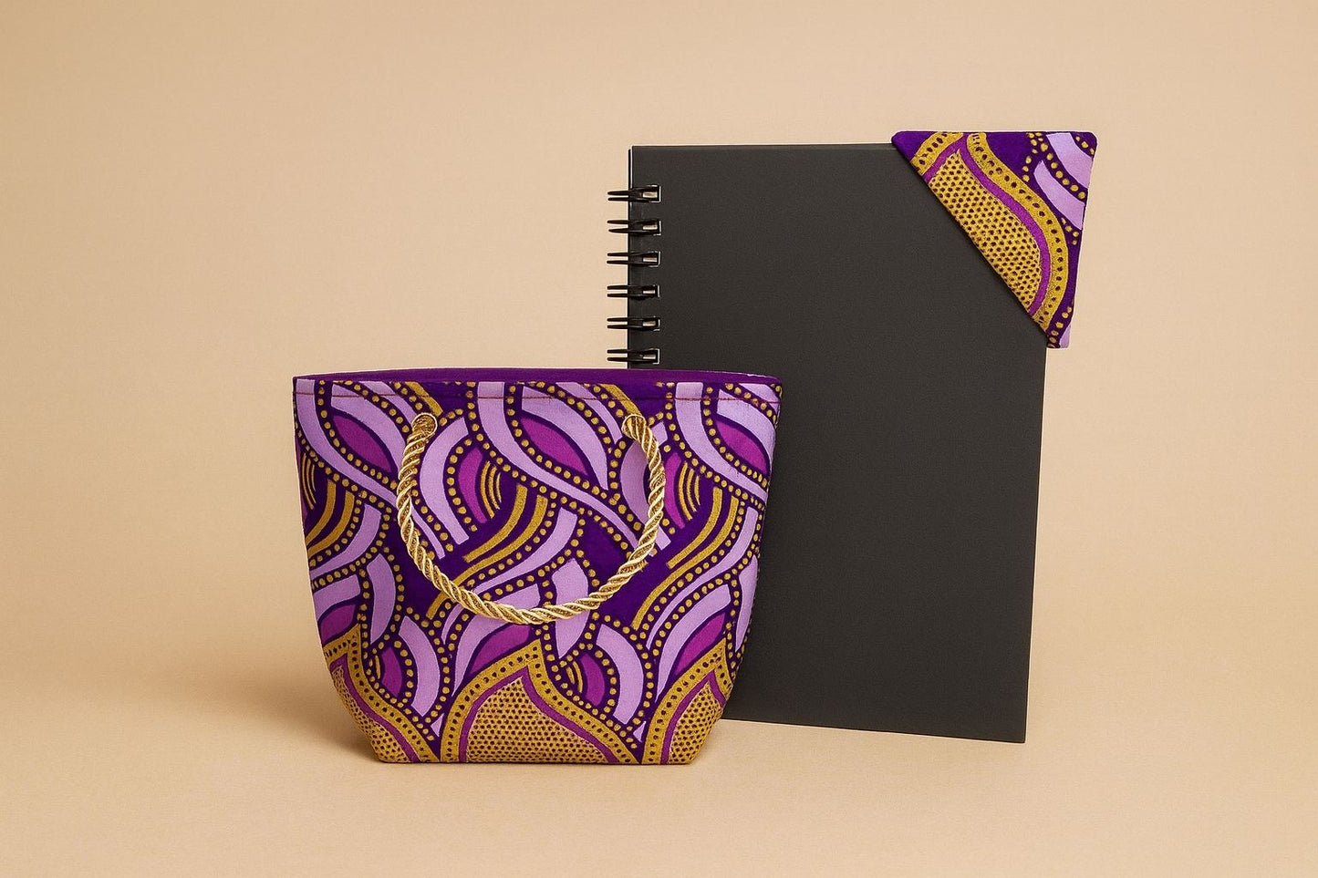 Purple, dark purple, & gold mini tote & corner bookmark on a beige background
