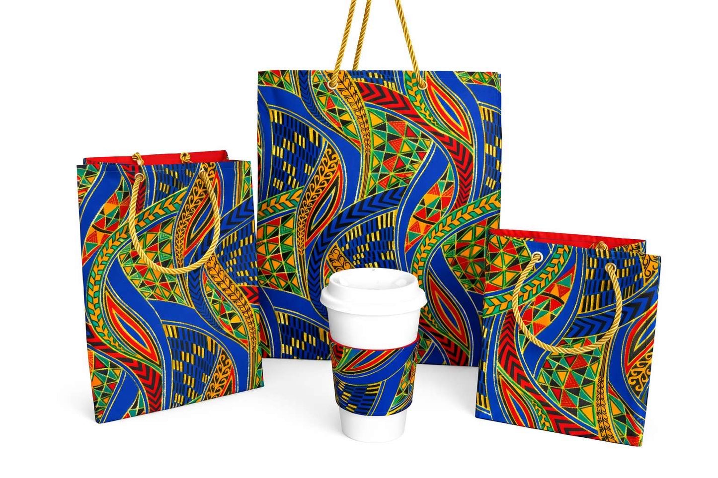 Royal blue, green, red, yellow, orange, black, & gold extra small, small, & medium bag, & cup sleeve on a white background