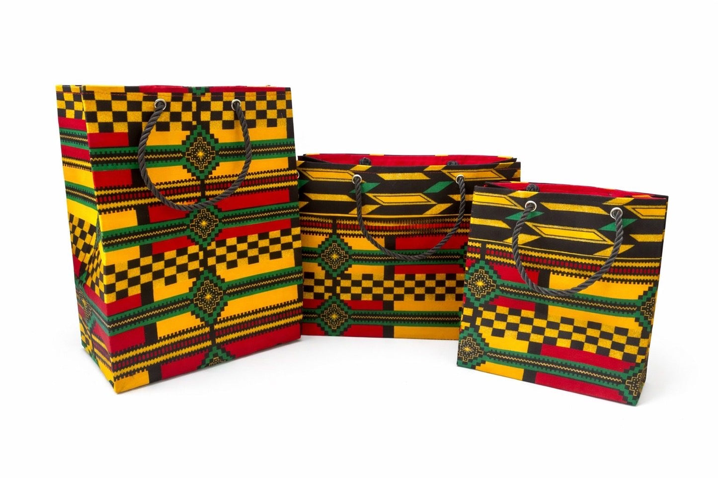Yellow, red, green, black, & gold small and extra small square bag and small horizontal bag