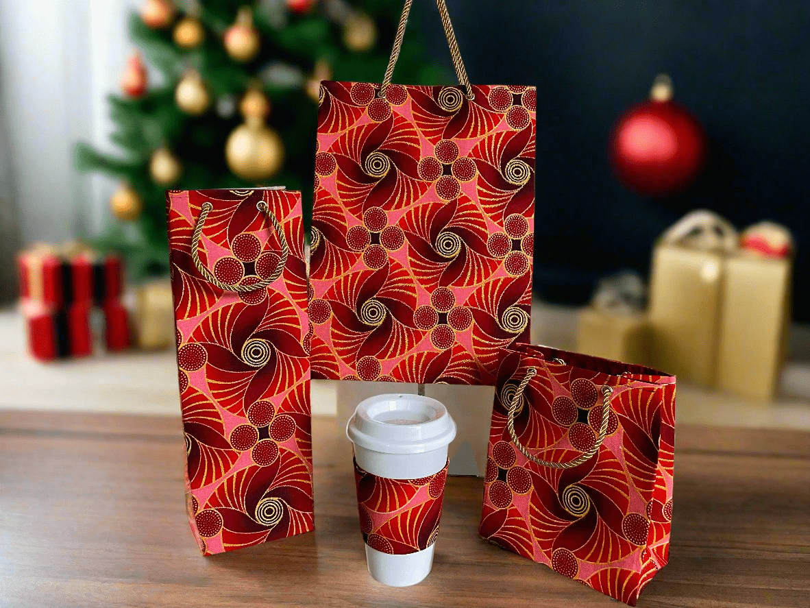 Ethnic, Fabric, Floral Patterned, Handmade Maroon, Red, Pink and Gold Gift Bag - Gezia Accents