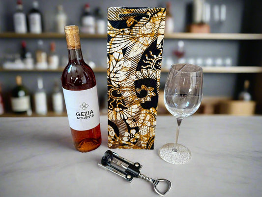 Ethnic, Fabric, Patterned Floral, Handmade Black, Cream, and Gold Wine Gift Bag - Gezia Accents
