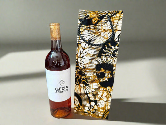 Ethnic, Fabric, Patterned Floral, Handmade Black, Cream, and Gold Wine Gift Bag - Gezia Accents