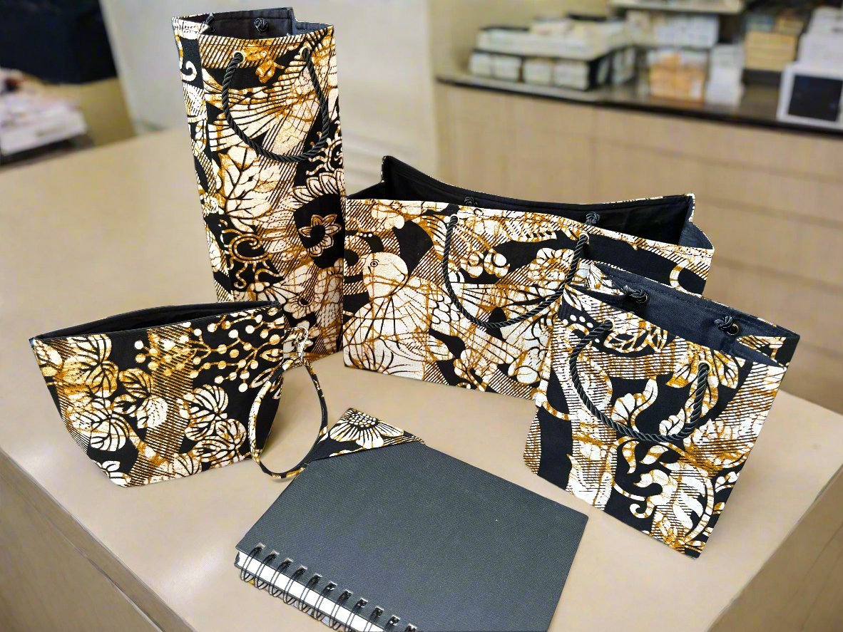 Ethnic, Fabric, Patterned Floral, Handmade Black, Cream, and Gold Wine Gift Bag - Gezia Accents