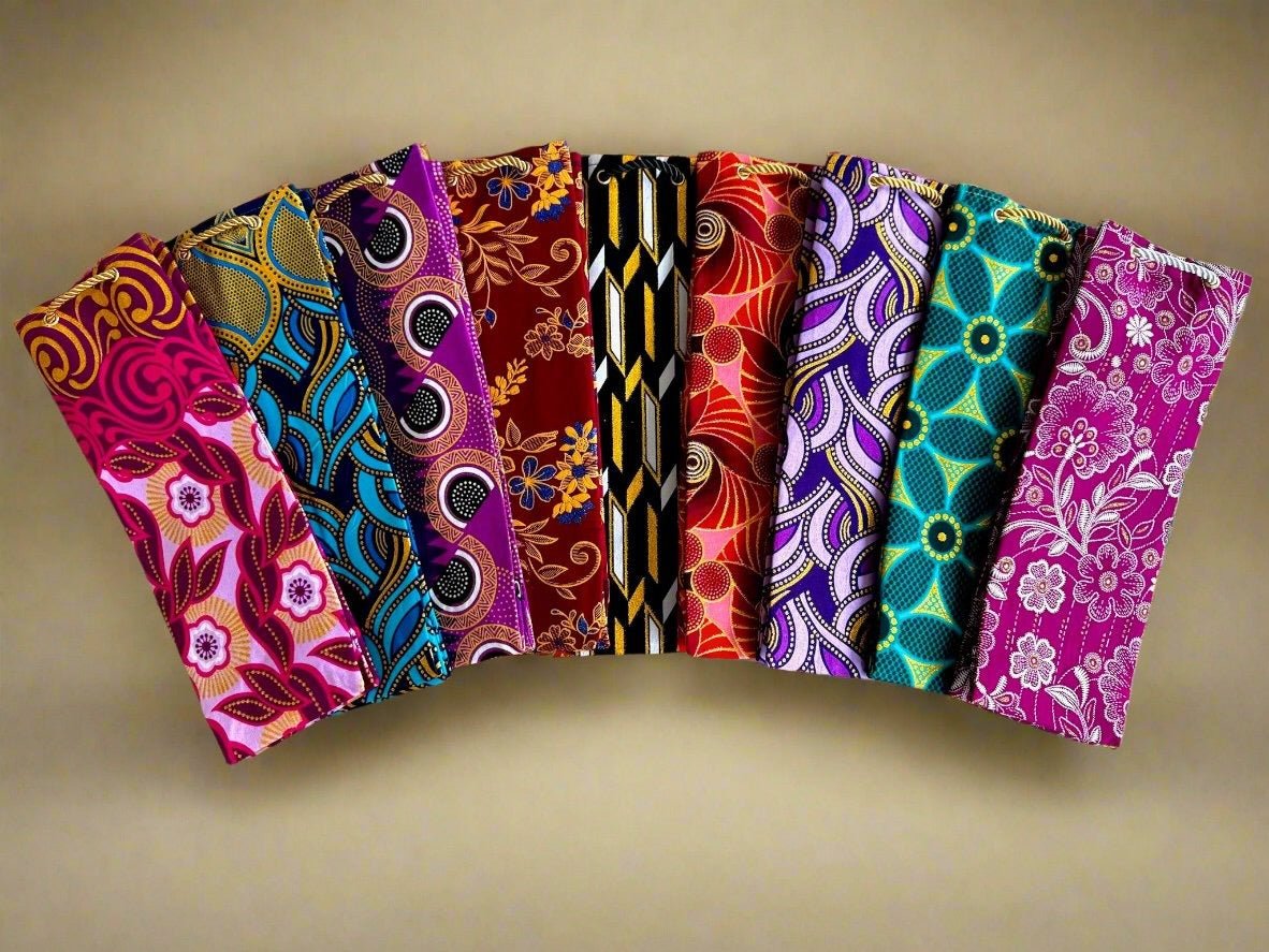 Ethnic, Fabric, Patterned, Handmade Berry, Dark Brown, Green, Blue, and Gold Wine Gift Bag - Gezia Accents