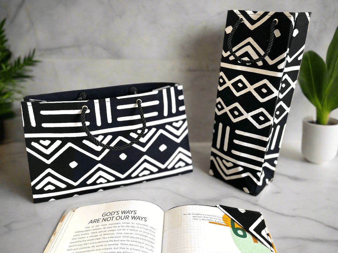 Ethnic, Fabric, Patterned, Handmade Black and White Wine Gift Bag - Gezia Accents