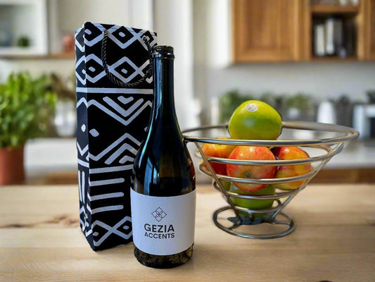 Ethnic, Fabric, Patterned, Handmade Black and White Wine Gift Bag - Gezia Accents