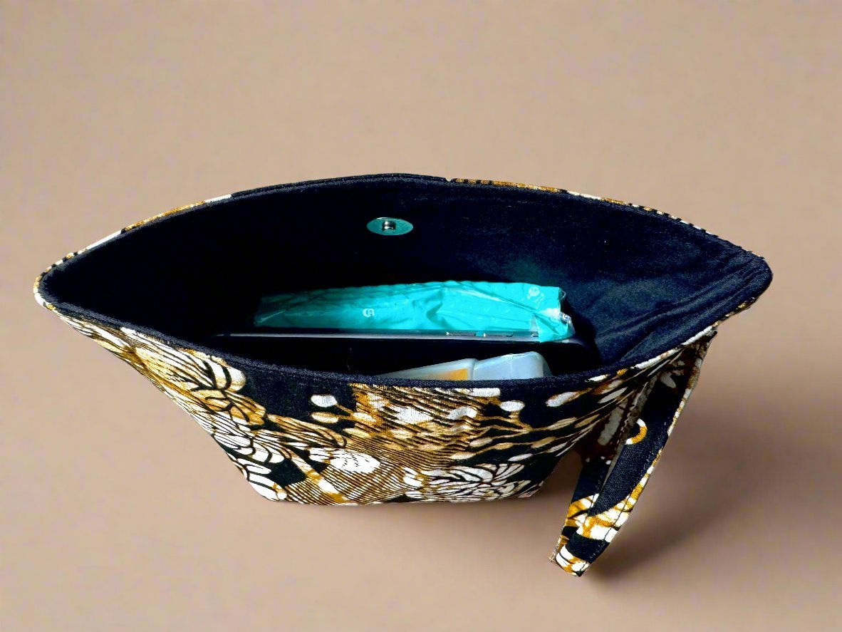 Ethnic, Fabric, Patterned, Handmade Black, Cream, and Gold Mini Tote - Gezia Accents