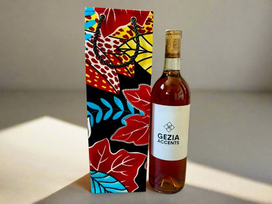 Ethnic, Fabric, Patterned, Handmade Black, Red, Blue, and Yellow Wine Gift Bag - Gezia Accents