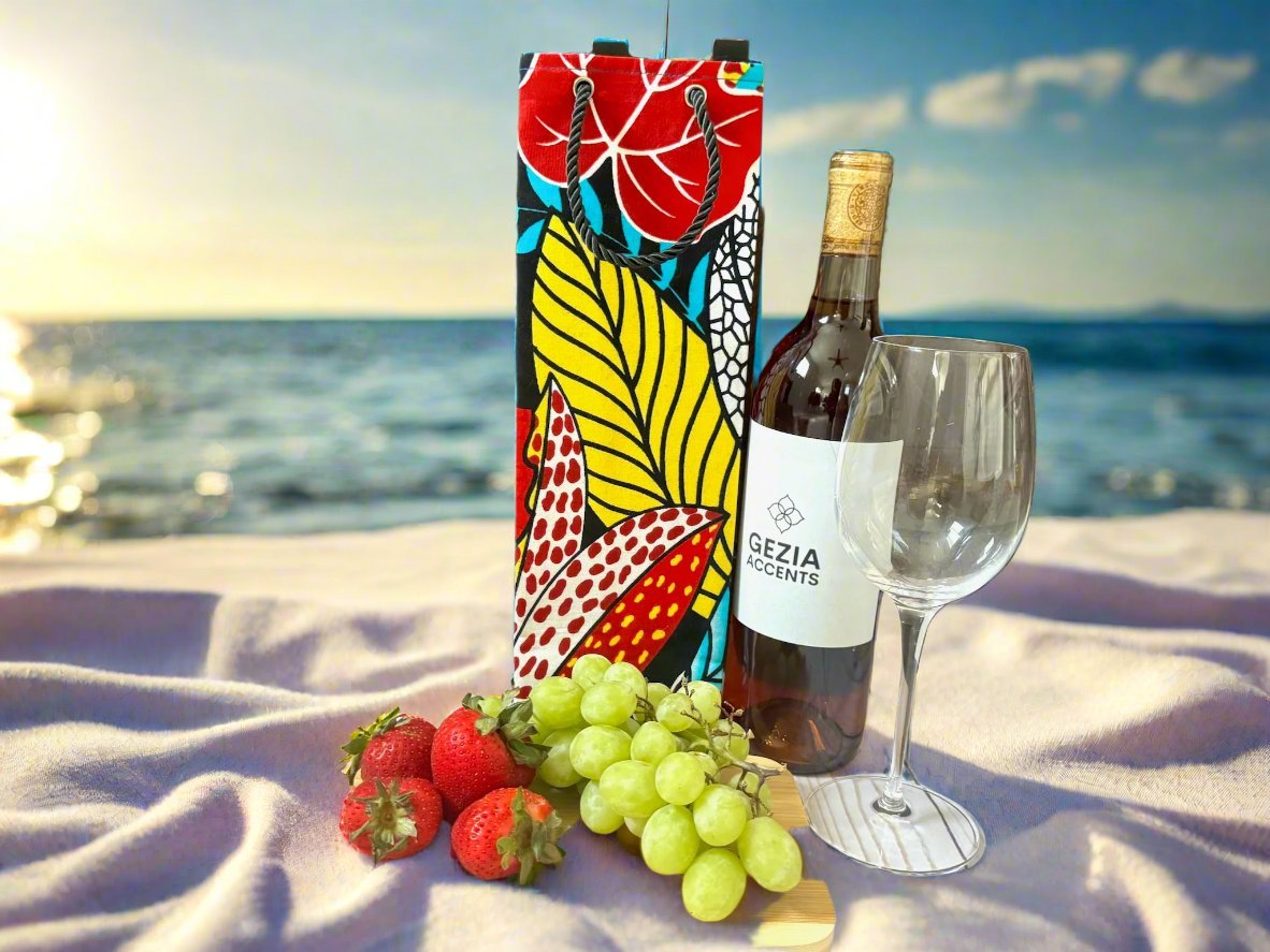 Ethnic, Fabric, Patterned, Handmade Black, Red, Blue, and Yellow Wine Gift Bag - Gezia Accents