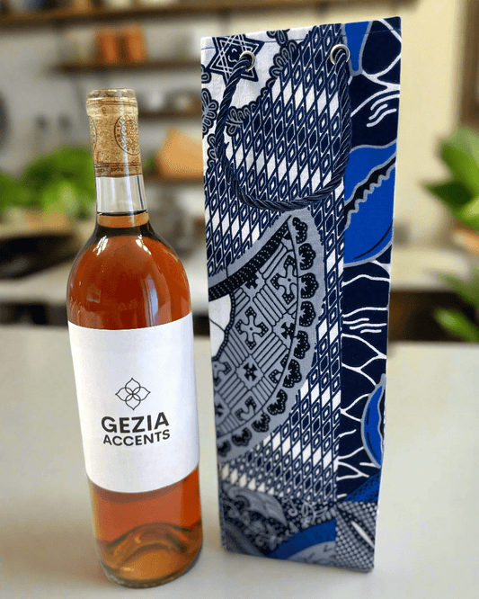 Ethnic, Fabric, Patterned, Handmade Blue, Gray, and White Wine Gift Bag - Gezia Accents