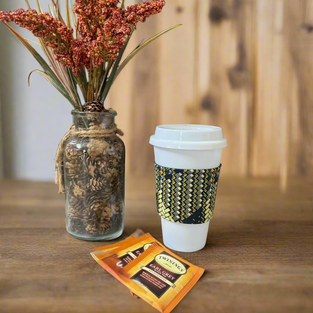 Ethnic, Fabric, Patterned, Handmade Blue, Maroon and Yellow Cup Sleeve - Gezia Accents