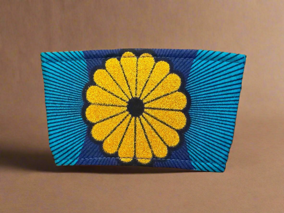 Ethnic, Fabric, Patterned, Handmade Blue, Turquoise, Black, and Gold Cup Sleeve - Gezia Accents