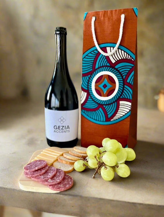 Ethnic, Fabric, Patterned, Handmade Bronze, Cream, Turquoise, and Maroon Wine Gift Bag - Gezia Accents