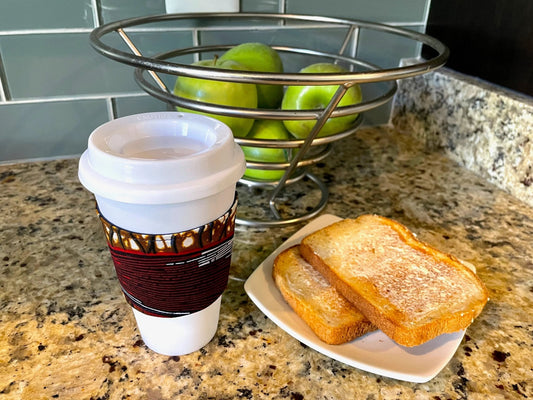 Ethnic, Fabric, Patterned, Handmade Brown, Dark Blue, Maroon and Beige Cup Sleeve - Gezia Accents