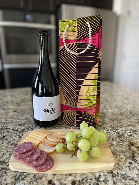 Ethnic, Fabric, Patterned, Handmade Brown, Pink, Green, and Yellow Wine Gift Bag - Gezia Accents