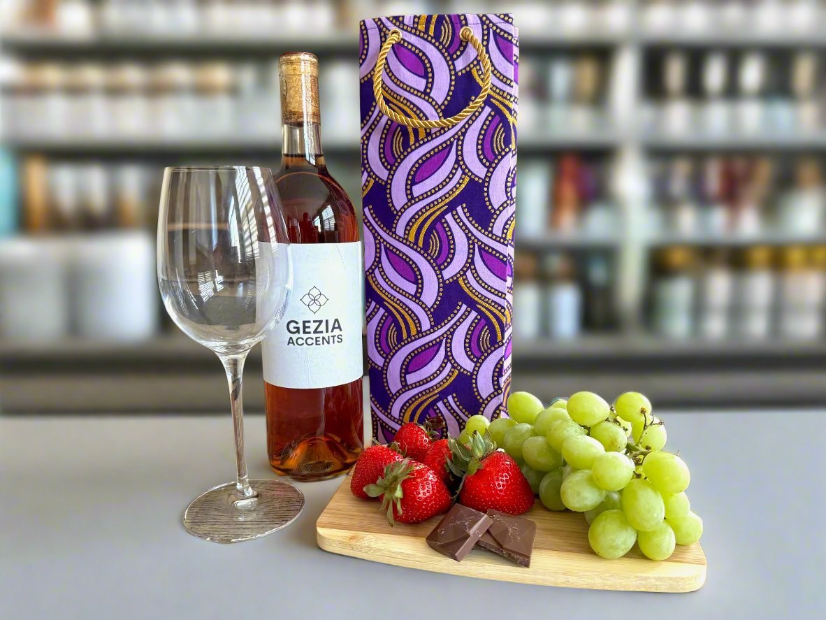 Ethnic, Fabric, Patterned, Handmade Dark Purple, Lavender, and Gold Wine Gift Bag - Gezia Accents