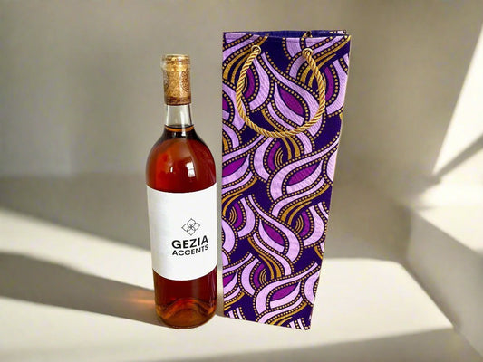 Ethnic, Fabric, Patterned, Handmade Dark Purple, Lavender, and Gold Wine Gift Bag - Gezia Accents