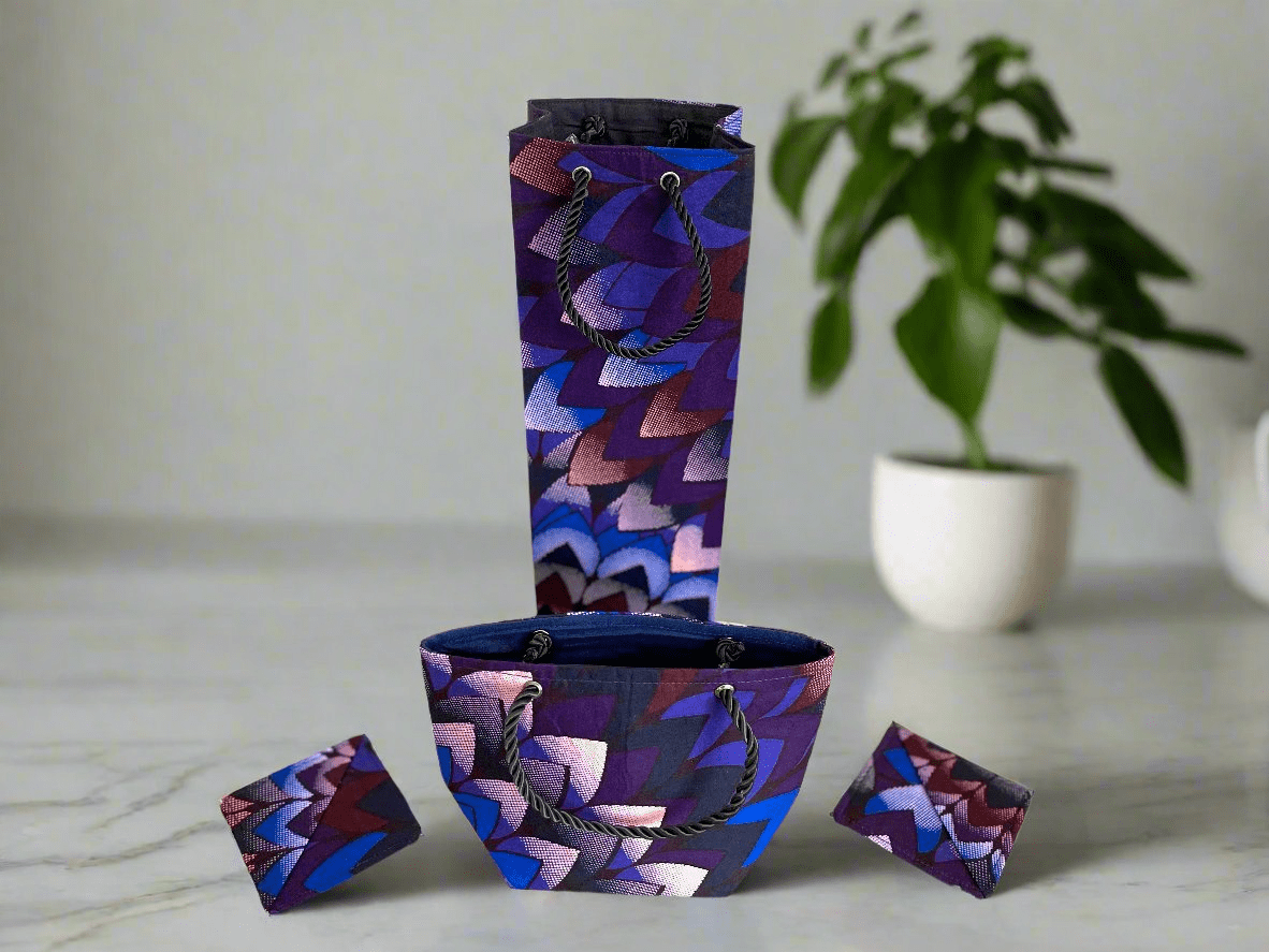 Ethnic, Fabric, Patterned, Handmade Dark Purple, Lavender, Maroon, and Blue Wine Gift Bag - Gezia Accents