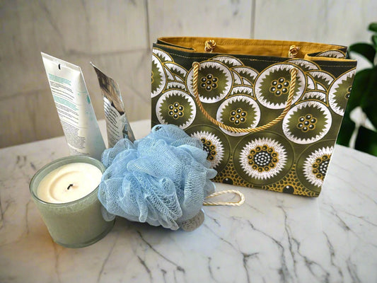 Ethnic, Fabric, Patterned, Handmade Green, Gold and White Small Wardrobe Bag - Gezia Accents