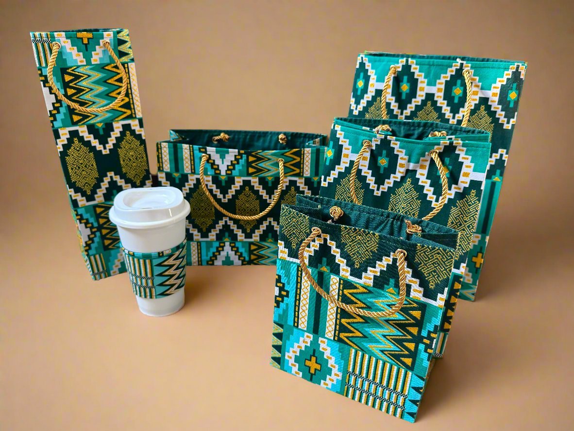 Ethnic, Fabric, Patterned, Handmade Green, White, Dark Green and Gold Wine Gift Bag - Gezia Accents